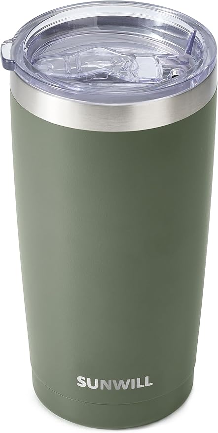 SUNWILL Travel Coffee Tumbler 20 oz, Insulated Mug with Lid, Stainless Steel Iced Cup for Outdoor, Powder Coated Camp Green by SUNWILL