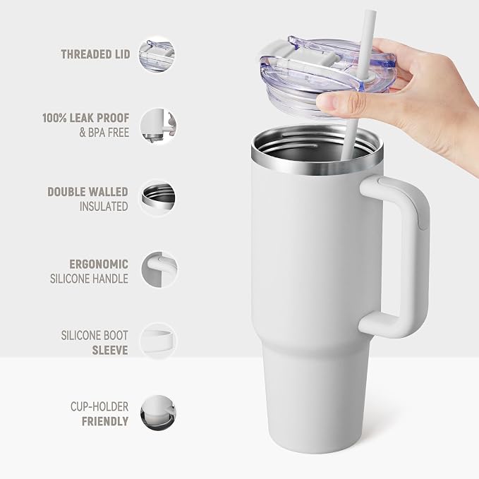 COKTIK 40 oz Tumbler With Handle and Straw, Insulated Tumbler With Leakproof Lids, Stainless Steel|BPA-Free, Cold for 24 H (Grey) - Image 3