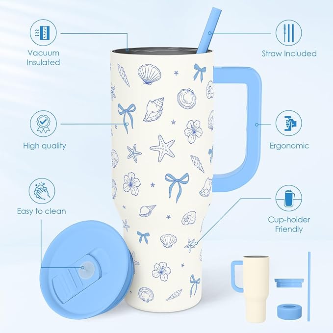 SANDJEST Beach 40oz Tumbler with Handle and Straw, Insulated Stainless Steel Travel Coffee Mug for Women Girls Beach Lovers, Gift Idea for Birthday Christmas Mothers Day Summer Vacation (Blue) - Image 2