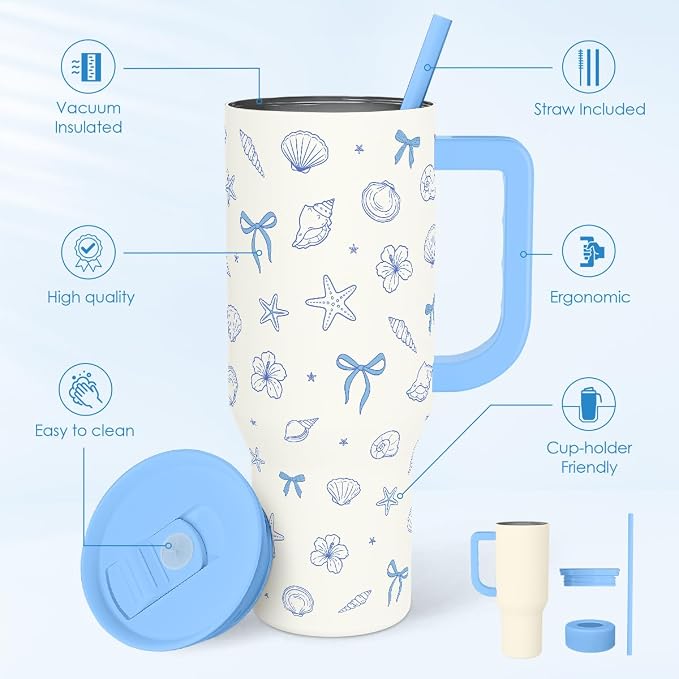 SANDJEST Coastal 40oz Tumbler with Handle and Straw, Insulated Stainless Steel Travel Coffee Mug for Women Girls, Gift Idea for Birthday Christmas Mothers Day - Image 2