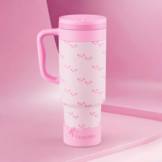40 oz Insulated Tumbler with Handle and Push-Button Straw Lid, Stainless Steel Travel Cup for Gym Office Leakproof, BPA-Free, Cup Holder Friendly, Bow Silicone Boot, Pink (Coquette Bubblegum) - Image 2