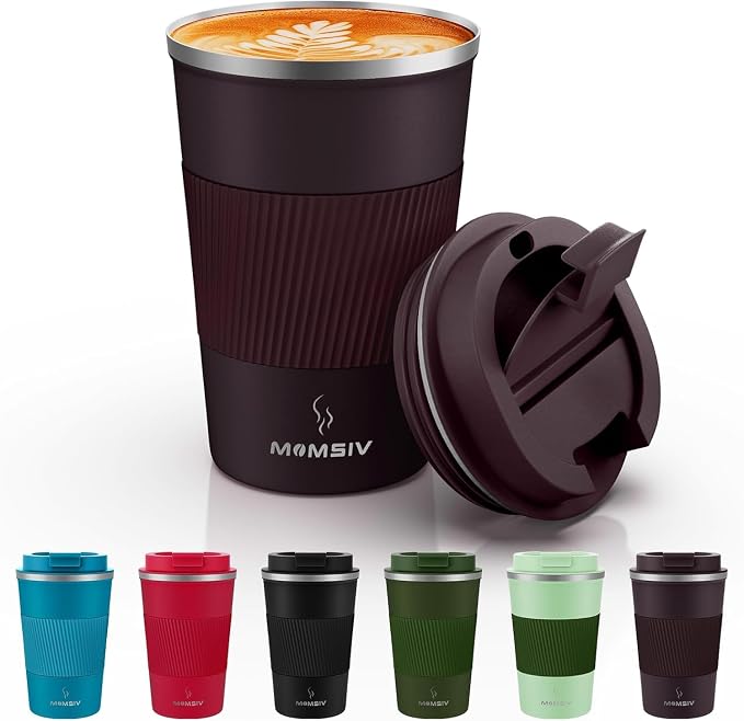 MOMSIV 12oz Travel Mug, Insulated Coffee Cup with Leakproof Lid, Vacuum Stainless Steel Double Walled Reusable Tumbler for Hot and Cold Water Coffee and Tea In Travel and Car (Brown) by MOMSIV
