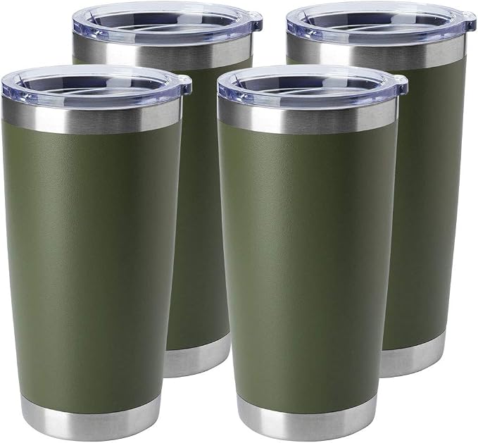 HASLE OUTFITTERS 20oz Stainless Steel Tumblers Bulk, Insulated Travel Cup with Lid, Double Wall Vacuum Coffee Mug for Cold & Hot Drinks 4 Pack, Army Green by HASLEOUTFITTERS