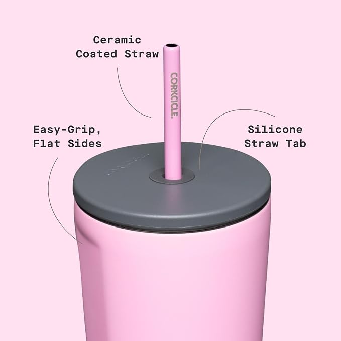 Corkcicle Cold Cup Insulated Tumbler with Straw - Keeps Drinks Cold for 12 Hours - Triple-Insulated Stainless Steel - Leak-Resistant Lid - Summer Drinkware Gift - 24 oz - Sun-Soaked Pink - Image 4