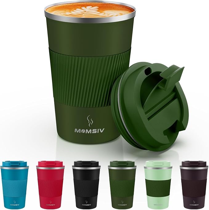 MOMSIV 12oz Travel Mug, Insulated Coffee Cup with Leakproof Lid, Vacuum Stainless Steel Double Walled Reusable Tumbler for Hot and Cold Water Coffee and Tea In Travel and Car Armygreen 380ML by MOMSIV