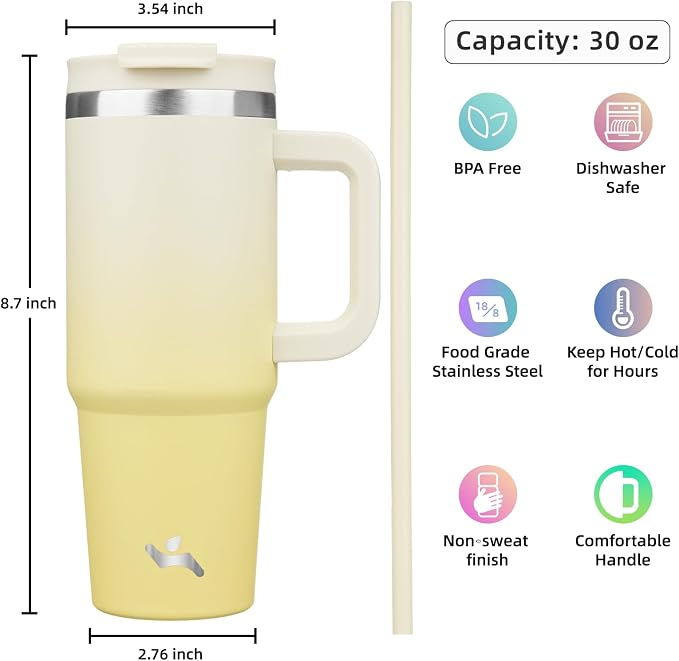 Konokyo 30 oz Tumbler with Handle and 2 Straws,2 in 1 Lid Insulated Water Bottle Stainless Steel Travel Coffee Mug,Lemon - Image 4