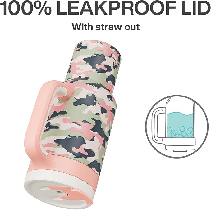 40 oz Camo Tumbler with Handle, 2-in-1 Straw and Sip Lid, Leakproof, Dishwasher Safe, Insulated Stainless Steel Travel Coffee Mug, Keeps Cold for 34 Hours, Fits in Car Cup Holder (Rose Dappled) - Image 4