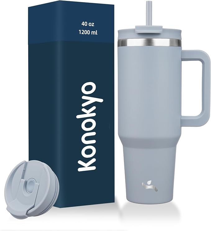 Konokyo 40 oz Tumbler with Handle and 2 Straws,2 in 1 Lid Insulated Water Bottle Stainless Steel Travel Coffee Mug,Lavender by Konokyo