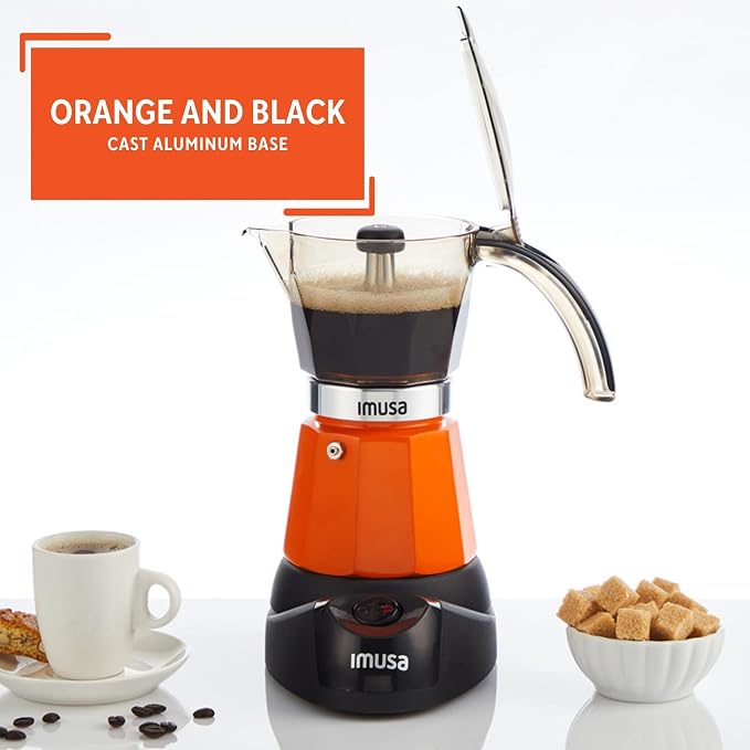 IMUSA 6 or 3 Cup Electric Espresso Maker with Cool-Touch Handle, Orange - Image 3