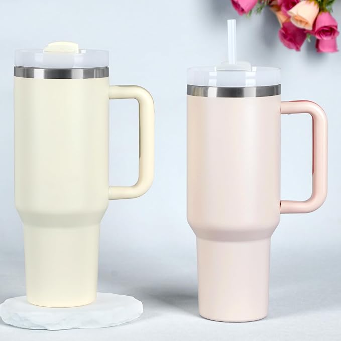 4 Pack 40 Oz Tumbler with Handle Bulk, Double Wall Vacuum Insulated Stainless Steel Tumbler with Lid and Straw, 40 oz cup with Silicone Spill Proof Stopper Set (Rose Quartz) - Image 2