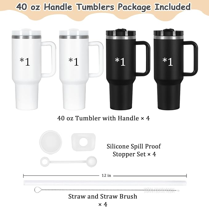 4 Pack 40 Oz Tumblers with Handle Bulk, Double Wall Vacuum Insulated Stainless Steel Tumblers with Lid and Straw, 40 oz Cups with Silicone Spill Proof Stopper Set (Black-2,White-2) - Image 5