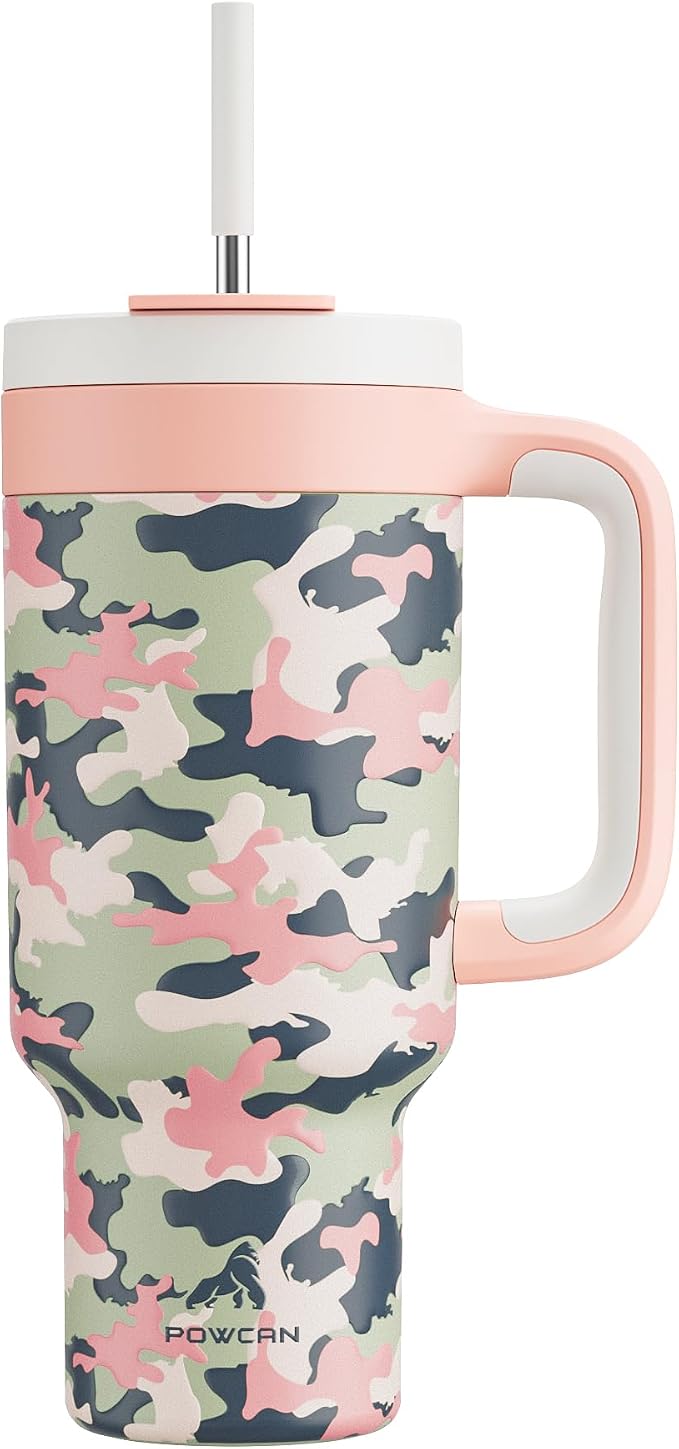 40 oz Camo Tumbler with Handle, 2-in-1 Straw and Sip Lid, Leakproof, Dishwasher Safe, Insulated Stainless Steel Travel Coffee Mug, Keeps Cold for 34 Hours, Fits in Car Cup Holder (Rose Dappled) by POWCAN