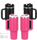 4 Pack 40 Oz Tumblers with Handle Bulk, Double Wall Vacuum Insulated Stainless Steel Tumblers with Lid and Straw, 40 oz Cup with Silicone Spill Proof Stopper Set (Black-2,Hot Pink-2) by Temolulu