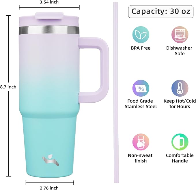 Konokyo 30 oz Tumbler with Handle and 2 Straws,2 in 1 Lid Insulated Water Bottle Stainless Steel Travel Coffee Mug,Lavender Green - Image 4