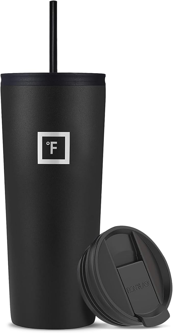 IRON °FLASK Classic Tumbler - Vacuum Insulated Stainless Steel Water Bottle, Double Walled, Drinking Cup, Insulated Travel Mug (Midnight Black, 24 oz Solid Lid) by IronFlask
