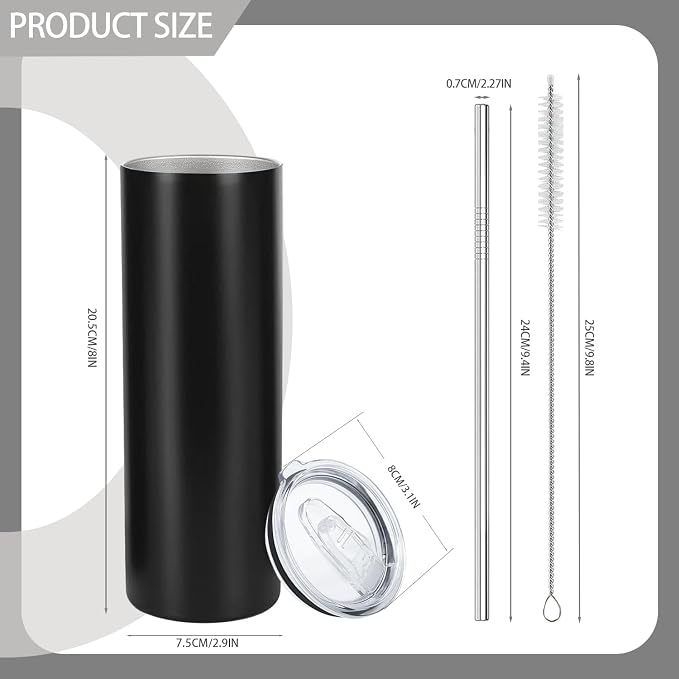 YOUKE OLA 12 Pack Stainless Steel Skinny Tumblers Bulk Straight Double Wall Insulated Tumbler with Lid and Straw for, DIY, Black, 20oz - Image 2
