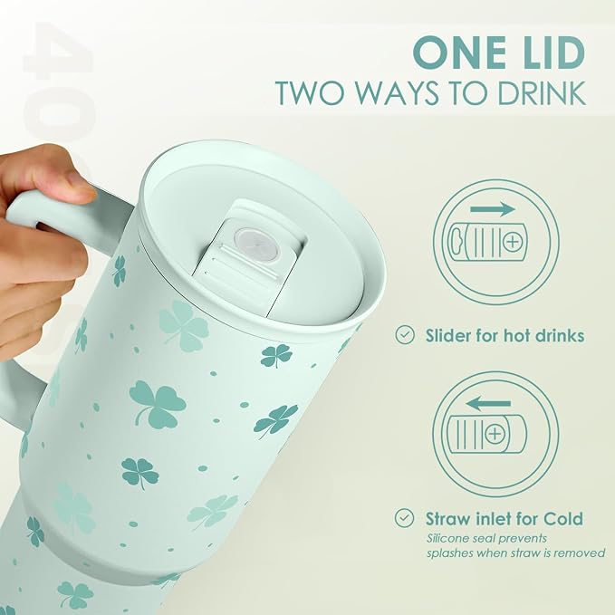 40oz Shamrock Tumbler with Handle and Straw - Insulated Stainless Steel Coffee Travel Mug, Christmas St. Patrick's Day Irish Gifts - Image 4