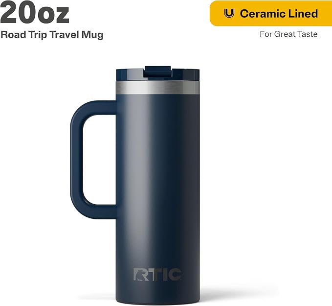 RTIC 20oz Road Trip Travel Mug with Lid and Handle, Ceramic Lined, Insulated, Stainless Steel, Metal, Double Wall Vacuum-Insulation, Portable Coffee, Tea Cup for Hot and Cold Drink, Navy - Image 2