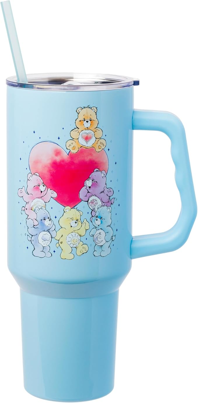 Silver Buffalo Care Bears Watercolor Featuring Tenderheart, Cheer, Grumpy, Funshine, Bedtime, Share Bear Double Walled Stainless Steel Tumbler w Handle & Straw, Fits in Standard Cup Holder, 40 Ounces by SilverBuffalo