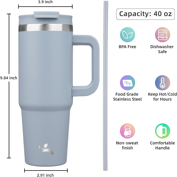 Konokyo 40 oz Tumbler with Handle and 2 Straws,2 in 1 Lid Insulated Water Bottle Stainless Steel Travel Coffee Mug,Lavender - Image 4