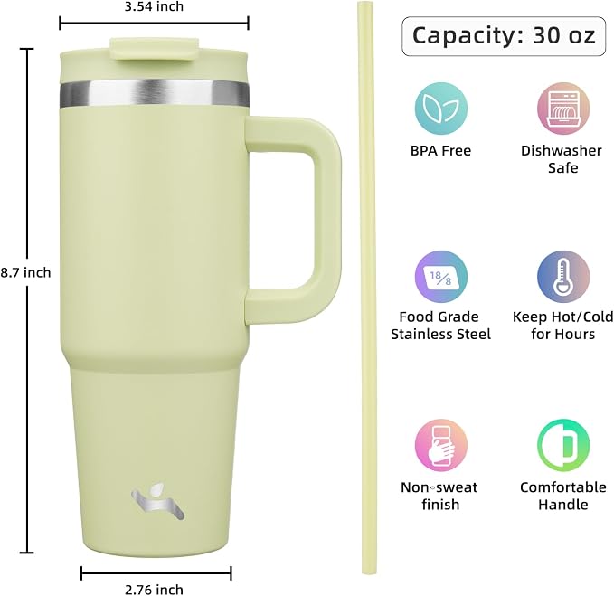 Konokyo 30 oz Tumbler with Handle and 2 Straws,2 in 1 Lid Insulated Water Bottle Stainless Steel Travel Coffee Mug,Macaron Green - Image 4