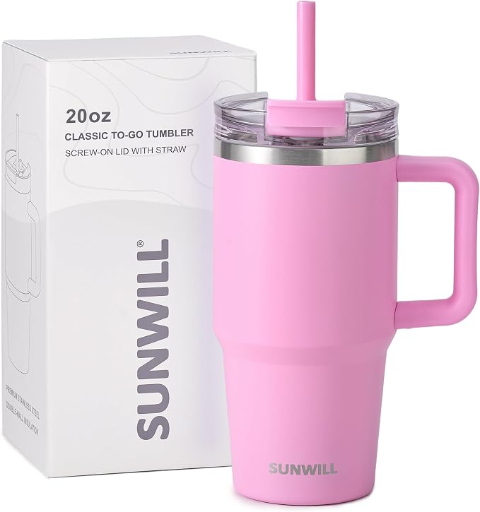 SUNWILL Travel Coffee Mug with Lid, 20 oz Tumbler with Handle and Straw Leak Proof, Stainless Steel Cup Insulated for Office & Gym, Cupholder Friendly, Powder Coated Pink - Image 7