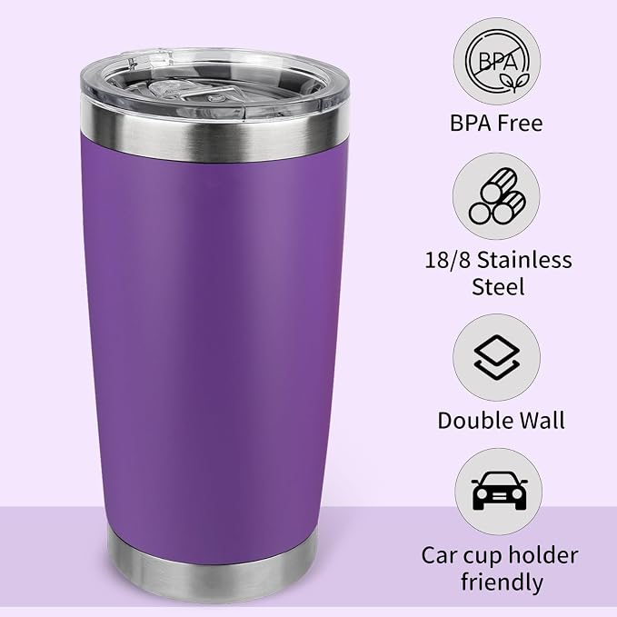 20oz Stainless Steel Tumbler Bulk with Lid, Travel Mug - Double Wall Vacuum Powder Coated Cup - Purple, 6 Pack - Image 3
