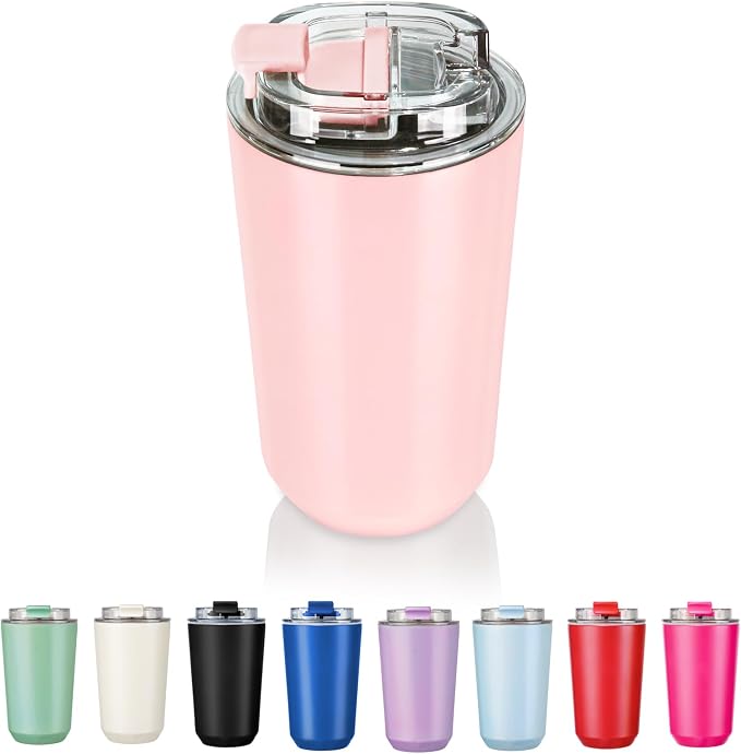Puraville Insulated Tumblers with Lid, 14 oz Travel Coffee Mug Stainless Steel Vacuum Cup, Leak Proof Reusable Double Walled Coffee Tumbler for Iced and Hot Drinks, Pink by Puraville