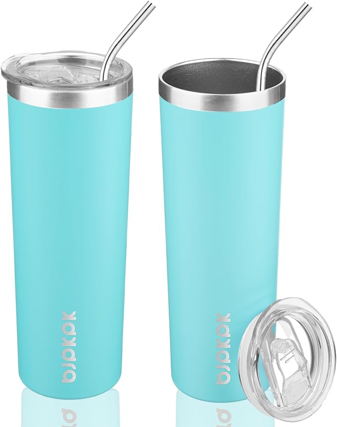 BJPKPK 2 Pack 20oz Skinny Tumblers with Lid Insulated Travel Coffee Cup Stainless Steel Thermal Mug,Turquoise,Turquoise by BJPKPK