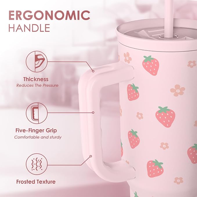 SANDJEST Strawberry Tumbler with Handle 40oz – Insulated Stainless Steel Travel Coffee Mug Cup for Girls Women, Gift for Christmas, Birthday - Image 3