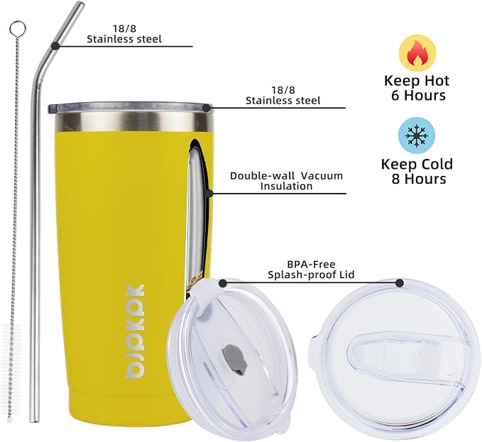 BJPKPK Yellow Stainless Steel Tumbler With Lid And Straw 20 oz Insulated Tumblers Thermal Cup For Hot And Cold Drinks - Image 2