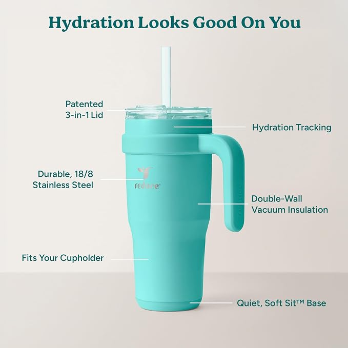 Reduce 24 oz Stainless Steel Tumbler with Handle - Dual-Wall Vacuum Insulated Travel Mug, Sweat-Proof Lid & Reusable Straw - Keeps Drinks Cold for 24 Hrs, Fits Cupholders, Dishwasher Safe-Ocean Breeze - Image 4