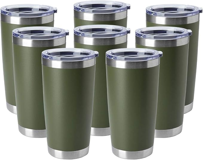 HASLE OUTFITTERS 20oz Tumblers Bulk Stainless Steel Cup with Lid Double Wall Vacuum Insulated Coffee Mug for Cold & Hot Drinks 8 Pack, Army Green by HASLEOUTFITTERS