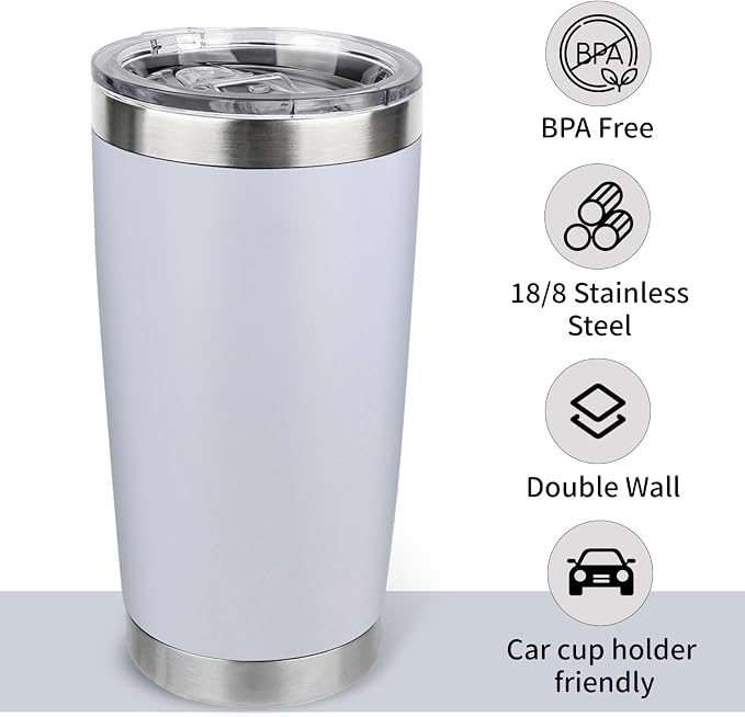 20oz Stainless Steel Tumbler with Lid, Travel Mug - Double Wall Vacuum Powder Coated Cup - White, 1 Pack - Image 3