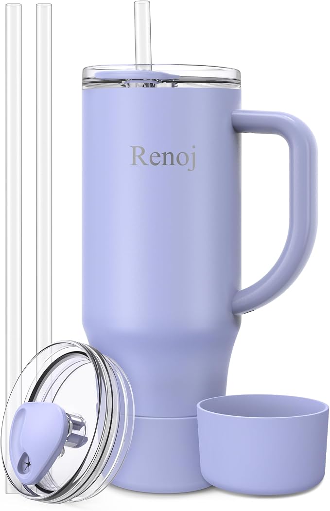 Renoj Insulated Mug 100% Spill Resistant Insulated Water Bottle for Iced Coffee & Hot Drinks - Fits Car Cup Holder, Ideal Gift, 2 Straws & Silicone Boot - FlexSlide Blue 40 oz by VisittheRenoj