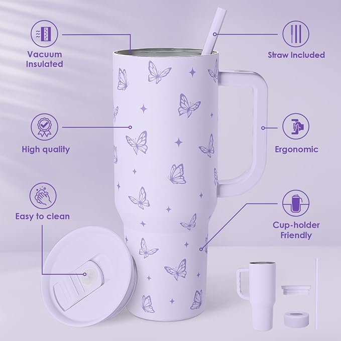 Butterfly Gifts for Women, Purple Butterfly Tumbler with Handle, Stainless Steel Insulated Coffee Travel Mug Cup, Gifts for Women Girls on Birthday Christmas, 40oz - Image 2