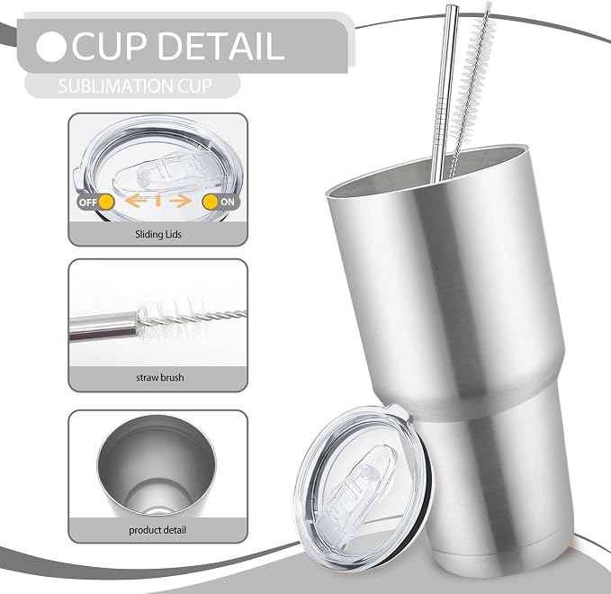 YOUKE OLA 8 Pack Stainless Steel Insulated Tumbler with Lids and Straws Bulk Double Wall Vacuum Insulated Coffee Travel Tumbler for DIY Gift (Silver, 30oz) - Image 3