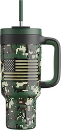 40 oz Camo Tumbler with Handle, 2-in-1 Straw and Sip Lid, Leakproof, Dishwasher Safe, Insulated Stainless Steel Travel Coffee Mug, Keeps Cold for 34 Hours, Fits in Car Cupholder (Woodland Flag) by POWCAN