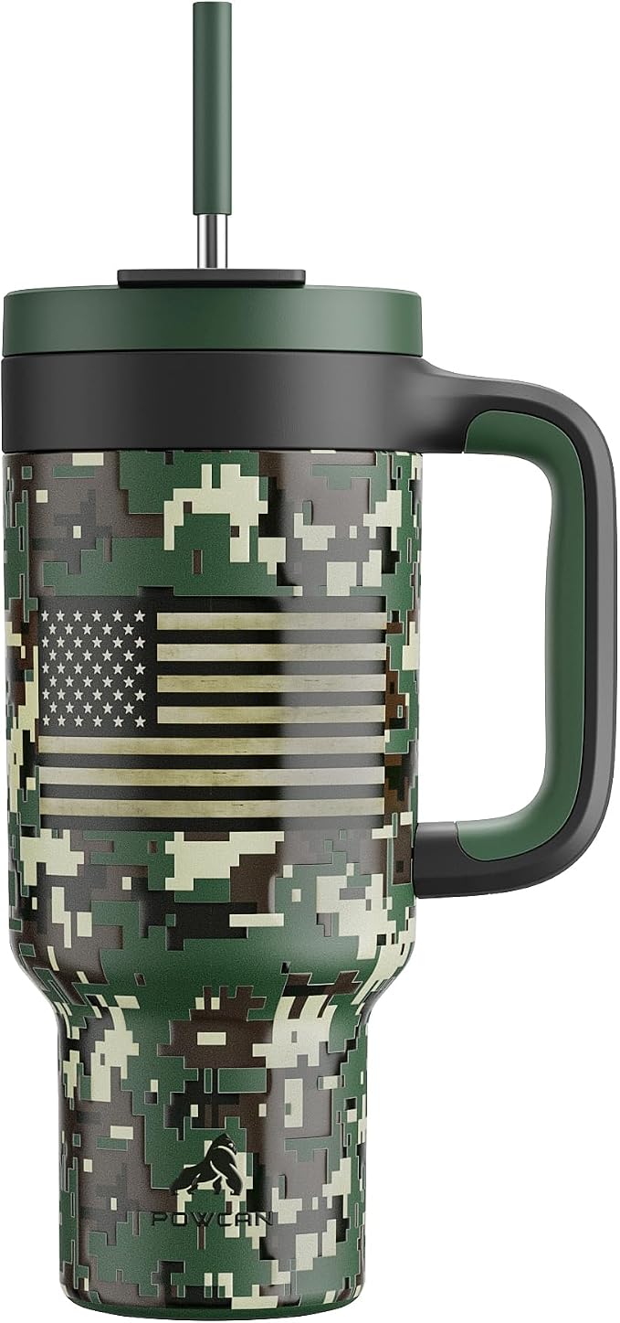 40 oz Camo Tumbler with Handle, 2-in-1 Straw and Sip Lid, Leakproof, Dishwasher Safe, Insulated Stainless Steel Travel Coffee Mug, Keeps Cold for 34 Hours, Fits in Car Cupholder (Woodland Flag) by POWCAN