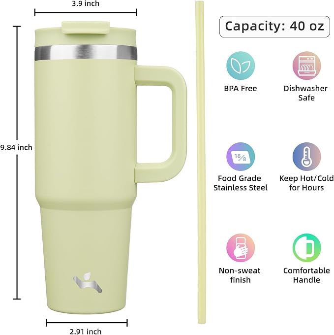 Konokyo 40 oz Tumbler with Handle and 2 Straws,2 in 1 Lid Insulated Water Bottle Stainless Steel Travel Coffee Mug,Macaron Green - Image 4