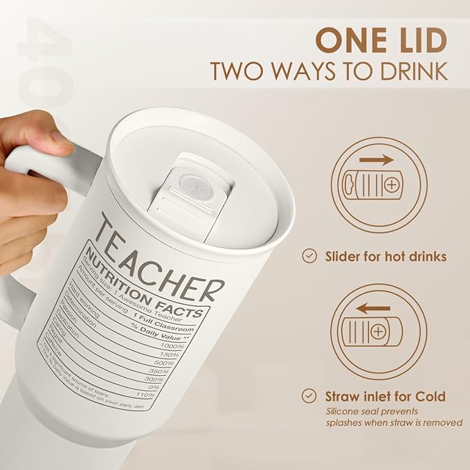 SANDJEST Teacher Appreciation Gift – 40oz Stainless Steel Insulated Tumbler with Handle and Straw - Teacher Nutrition Facts Travel Coffee Mug Cup for Women Back to School Birthday Christmas - Image 5