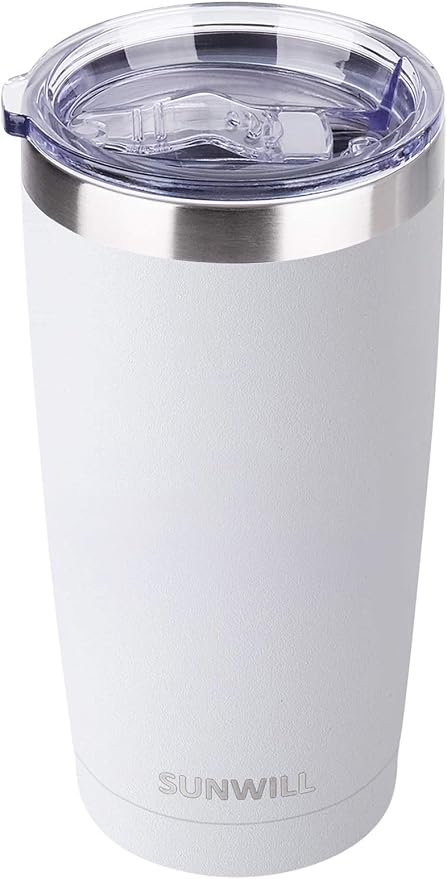 SUNWILL Travel Coffee Tumbler 20 oz, Insulated Mug with Lid, Stainless Steel Cup for Hot and Cold Drinks, Powder Coated White by SUNWILL