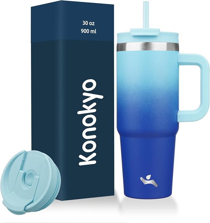 Konokyo 30 oz Tumbler with Handle and 2 Straws,2 in 1 Lid Insulated Water Bottle Stainless Steel Travel Coffee Mug,Sky by Konokyo