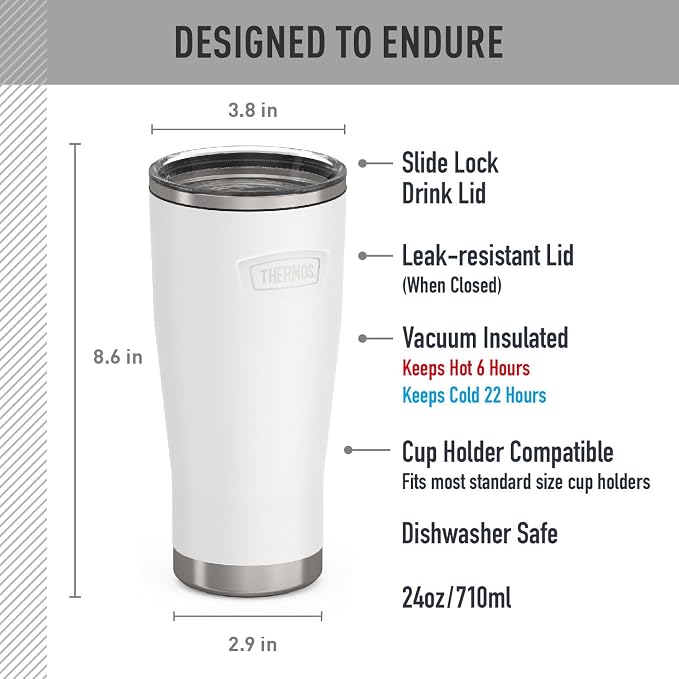 THERMOS ICON SERIES, Stainless Steel Cold Tumbler with Slide Lock, 24 Ounce, Snow - Image 7