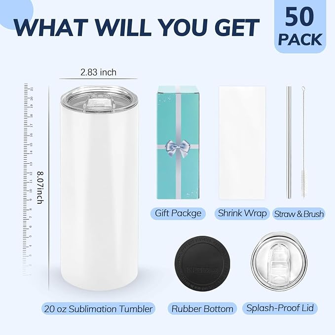D·S 50 Pack Sublimation Tumblers 20 oz Bulk Skinny Straight Flat Bottom Blank Tumbler Cups with Individual Gift Boxed for Heat Transfer DIY Craft - Image 2