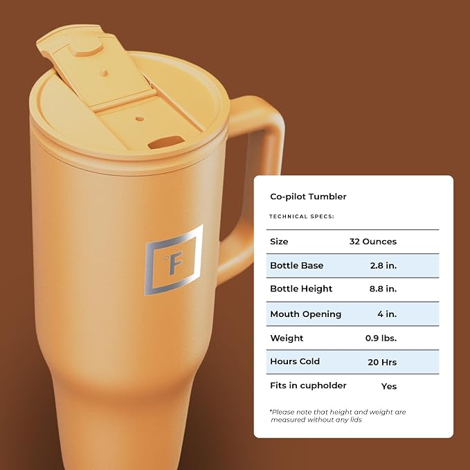 IRON °FLASK Co-Pilot Insulated Mug w/Straw & Flip Cap Lids - Cup Holder Bottle for Hot, Cold Drink - Leak-Proof- Water, Coffee Portable Travel Tumbler - Clementine, 40 Oz - Image 9