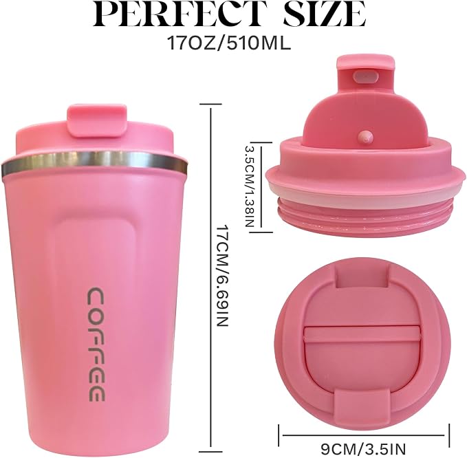 YINBAOGE Insulated Travel Coffee Mug, Spill & Leak Proof, Portable To Go Camping Stainless Steel Coffee Tumbler, Reusable Thermal Coffee Cup with Lid for Hot & Cold Drinks (2nd-Pink, 17 OZ) - Image 4