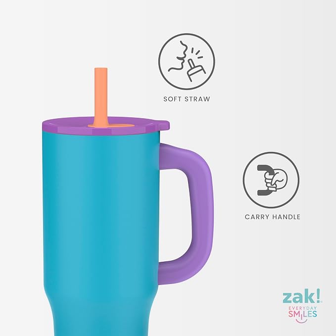 Zak Designs Sutton Travel Tumbler for On the Go, 40oz Stainless Steel with Vacuum Insulation, Silicone Straw, and Carry Handle for Cold Drinks (Razzberry Pink) - Image 5