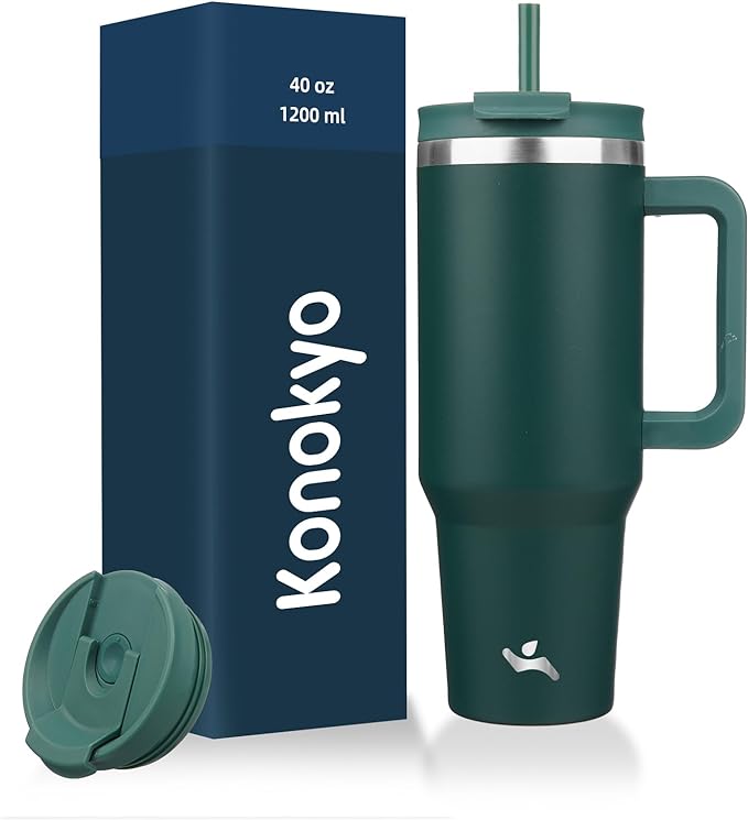 Konokyo 40 oz Tumbler with Handle and 2 Straws,2 in 1 Lid Insulated Water Bottle Stainless Steel Travel Coffee Mug,Dark Green by Konokyo