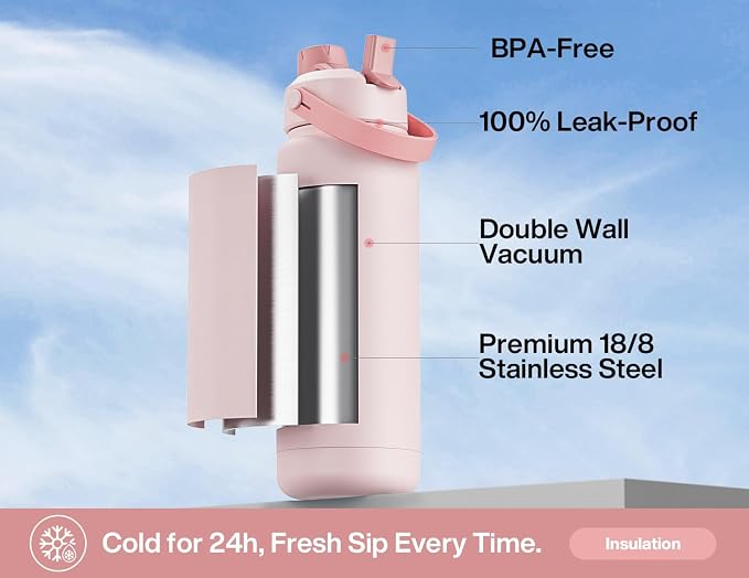 POWCAN 32 oz Insulated Water Bottle with 2-in-1 Straw and Spout Lid, Keep Cold 24H, Leak-Proof, BPA-Free, Double Wall Stainless Steel Water Bottle for Sports, Gym, Travel, Gift, Home (Rosy Bouquet) - Image 3